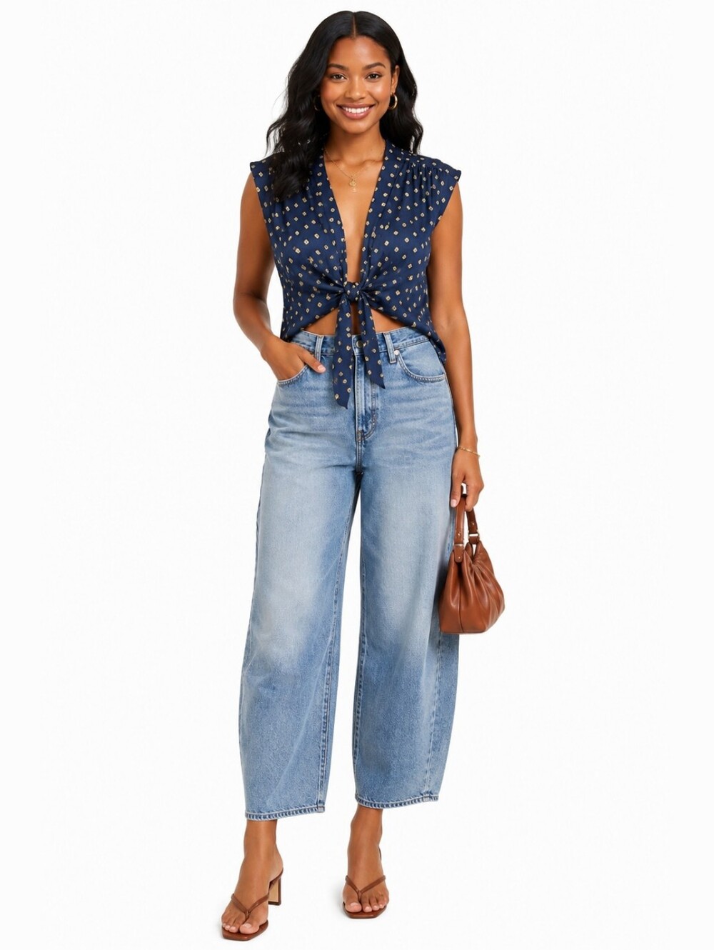 NWT Free People Blue Printed Sleeveless Tie-Front Shirt Size M